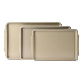 Gibson Home Lyneham 3 Piece Carbon Steel Nonstick Cookie Sheet Set in Champagne Gold